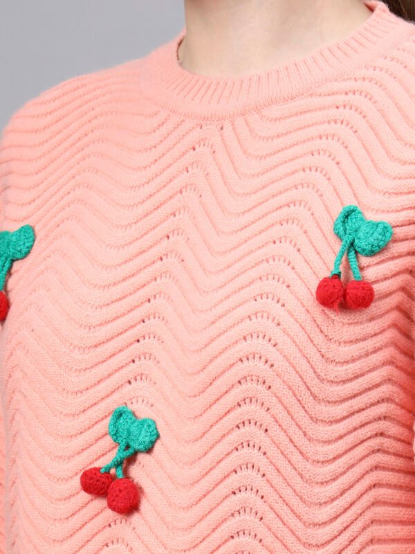 S30_BABYPINK_01_5 Round Neck Flowered Patch Work Design With Premium Acrylic Wool Women Knitted Top & Sweater
