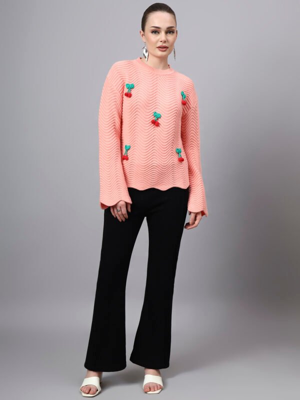 S30_BABYPINK_01_6 Round Neck Flowered Patch Work Design With Premium Acrylic Wool Women Knitted Top & Sweater