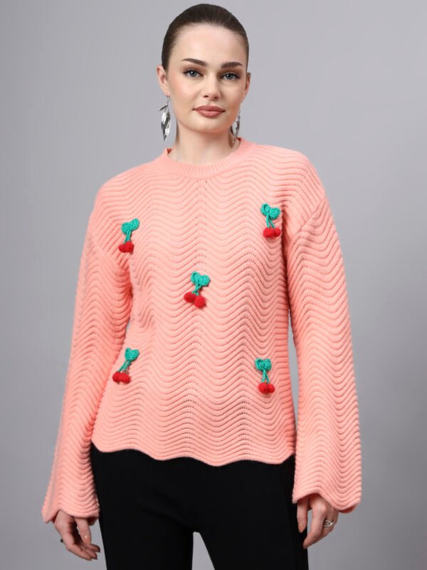 S30_BABYPINK_01_7 Round Neck Flowered Patch Work Design With Premium Acrylic Wool Women Knitted Top & Sweater