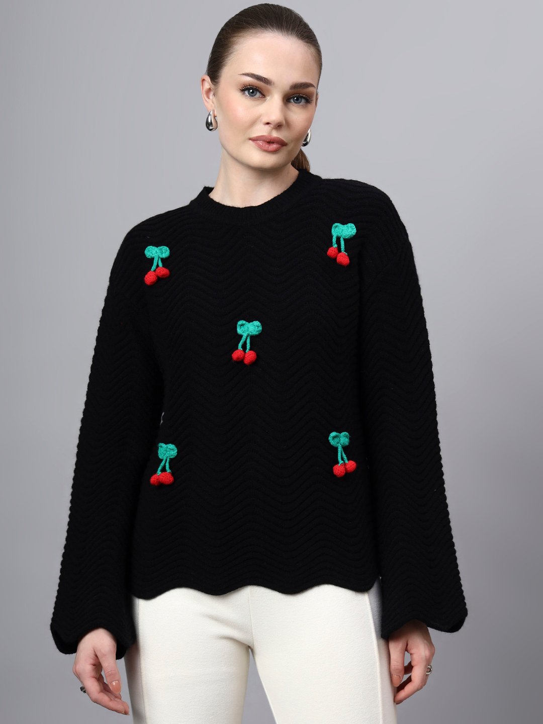 Round Neck Flowered Patch Work Design With Premium Acrylic Wool Women Knitted Top & Sweater