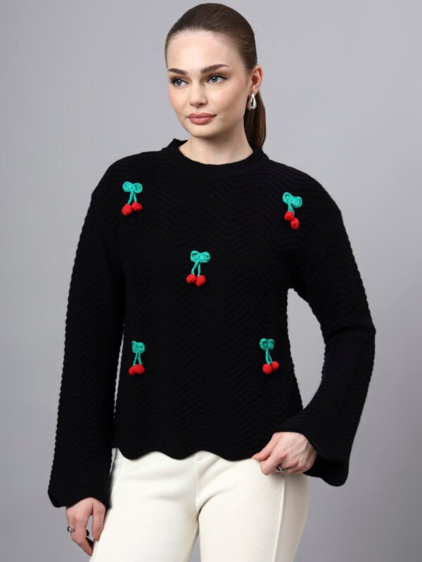 S30_BLACK_01_3 Round Neck Flowered Patch Work Design With Premium Acrylic Wool Women Knitted Top & Sweater