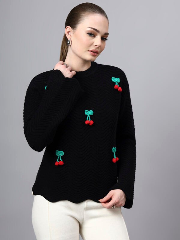 S30_BLACK_01_4 Round Neck Flowered Patch Work Design With Premium Acrylic Wool Women Knitted Top & Sweater
