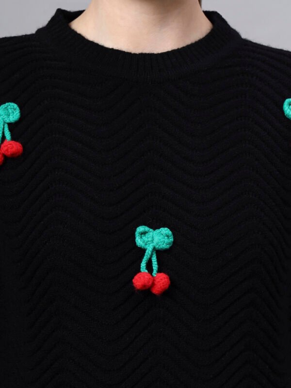 S30_BLACK_01_5 Round Neck Flowered Patch Work Design With Premium Acrylic Wool Women Knitted Top & Sweater
