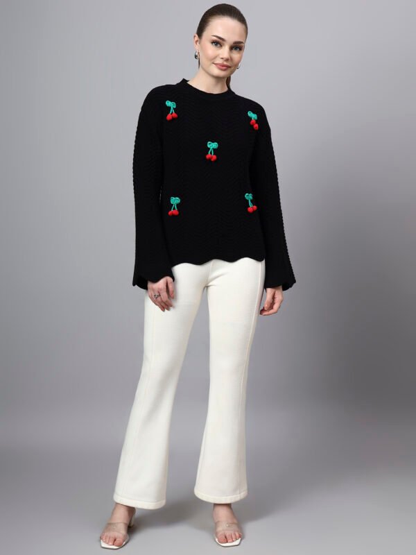 S30_BLACK_01_6 Round Neck Flowered Patch Work Design With Premium Acrylic Wool Women Knitted Top & Sweater