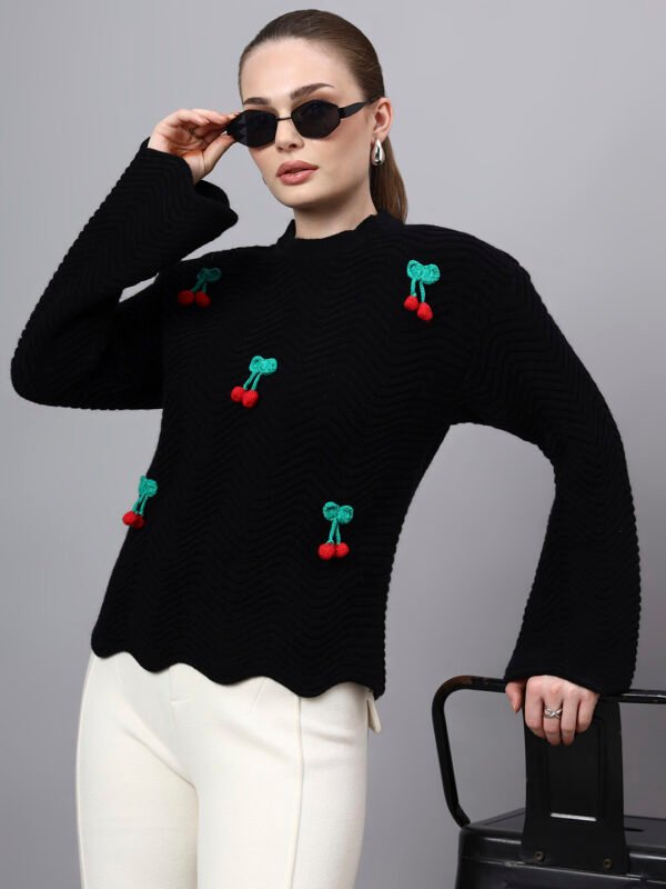 S30_BLACK_01_7 Round Neck Flowered Patch Work Design With Premium Acrylic Wool Women Knitted Top & Sweater
