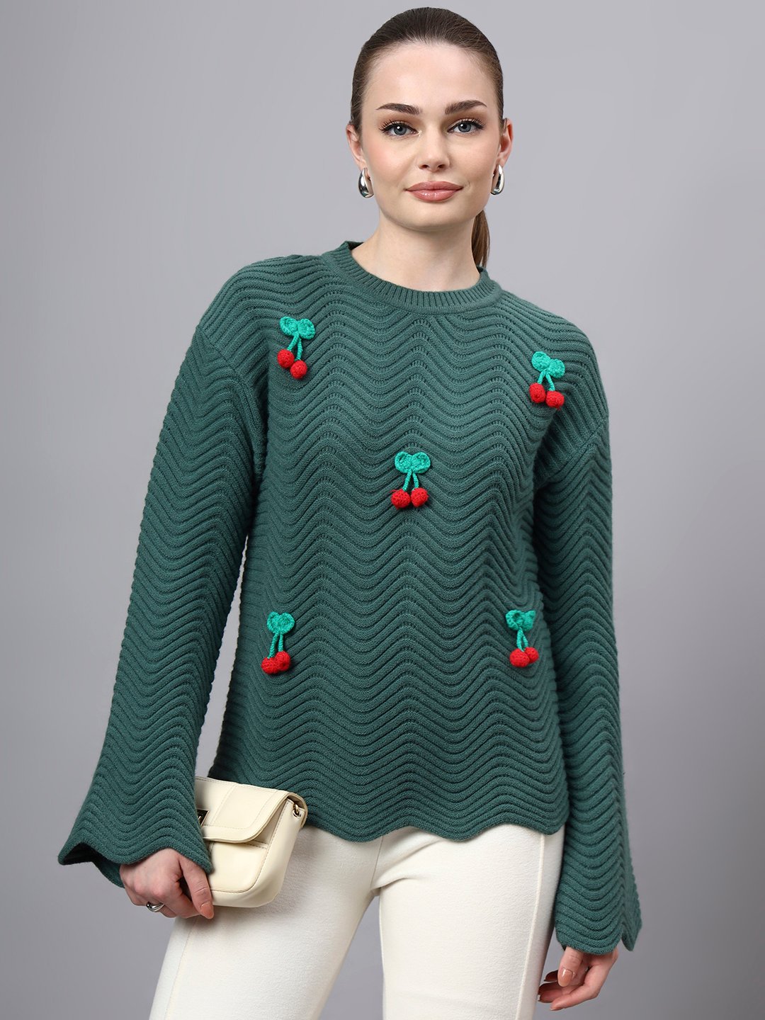 Round Neck Flowered Patch Work Design With Premium Acrylic Wool Women Knitted Top & Sweater