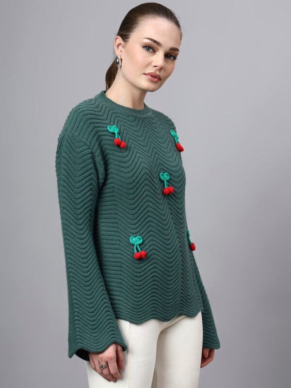 S30_GREEN_01_4 Round Neck Flowered Patch Work Design With Premium Acrylic Wool Women Knitted Top & Sweater