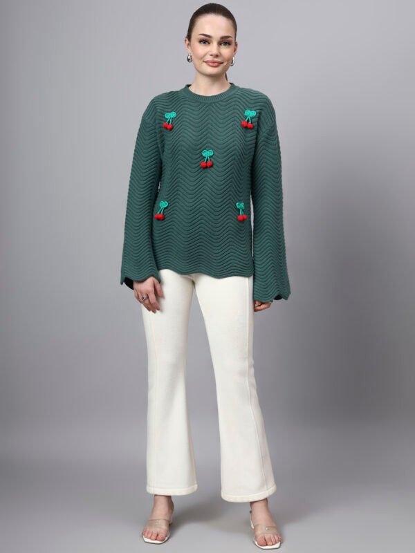 S30_GREEN_01_6 Round Neck Flowered Patch Work Design With Premium Acrylic Wool Women Knitted Top & Sweater