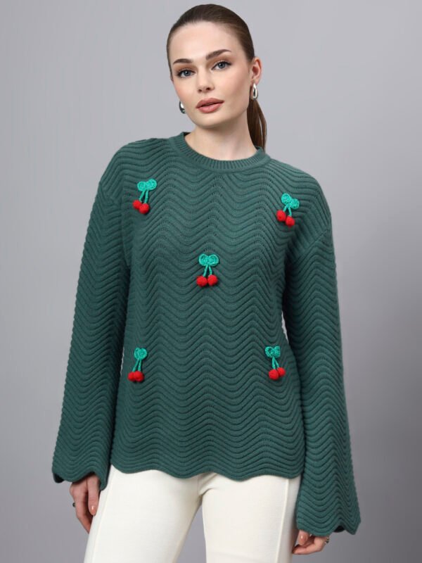 S30_GREEN_01_7 Round Neck Flowered Patch Work Design With Premium Acrylic Wool Women Knitted Top & Sweater