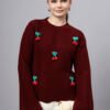S30_MAROON_01_1 Round Neck Flowered Patch Work Design With Premium Acrylic Wool Women Knitted Top & Sweater