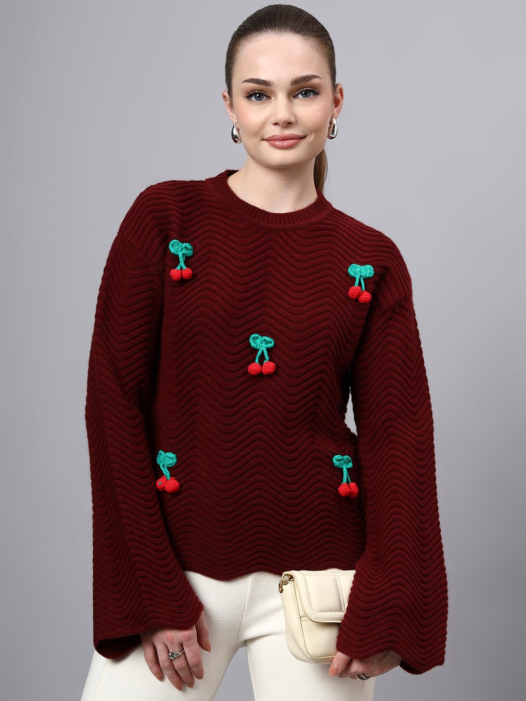 Round Neck Flowered Patch Work Design With Premium Acrylic Wool Women Knitted Top & Sweater