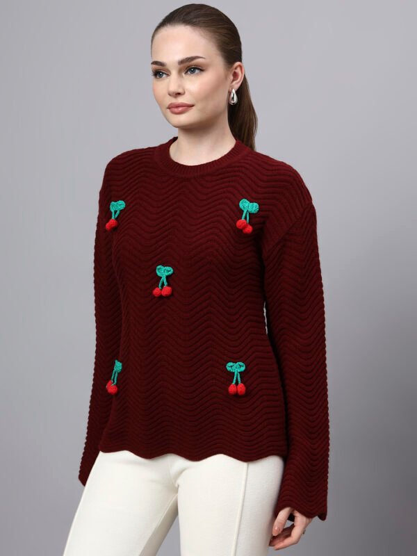 S30_MAROON_01_3 Round Neck Flowered Patch Work Design With Premium Acrylic Wool Women Knitted Top & Sweater