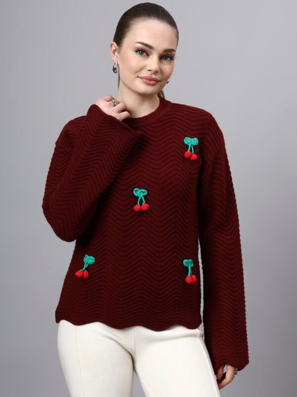 S30_MAROON_01_4 Round Neck Flowered Patch Work Design With Premium Acrylic Wool Women Knitted Top & Sweater