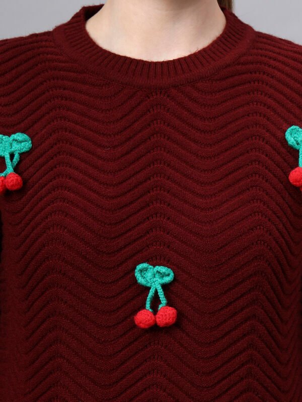 S30_MAROON_01_5 Round Neck Flowered Patch Work Design With Premium Acrylic Wool Women Knitted Top & Sweater