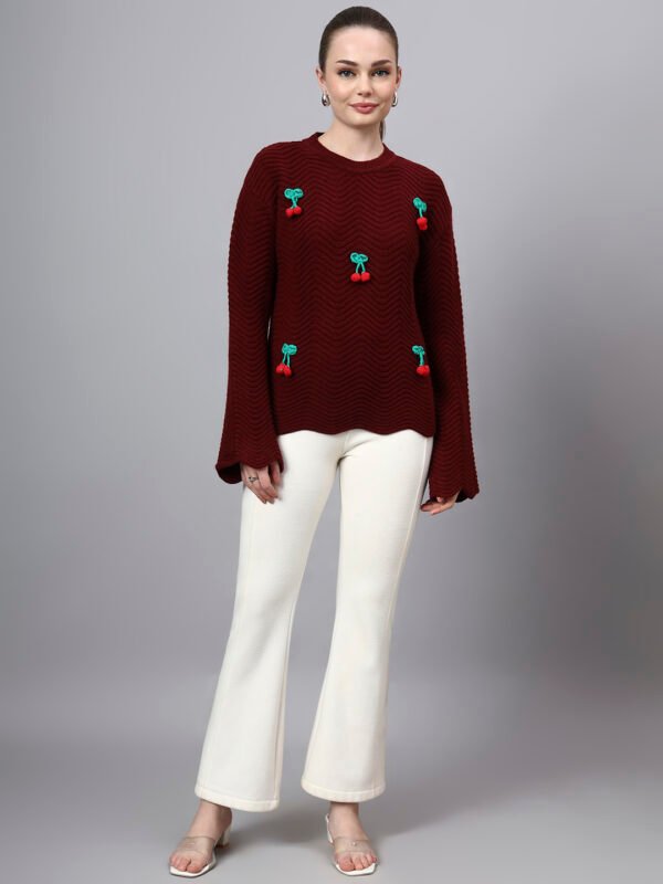 S30_MAROON_01_6 Round Neck Flowered Patch Work Design With Premium Acrylic Wool Women Knitted Top & Sweater