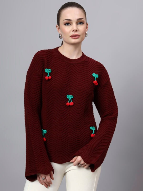 S30_MAROON_01_7 Round Neck Flowered Patch Work Design With Premium Acrylic Wool Women Knitted Top & Sweater