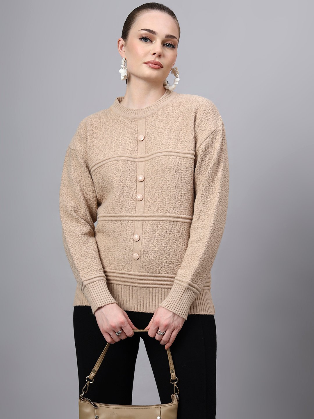 Round Neck Self Design Design With Premium Acrylic Wool Women Knitted Top & Sweater