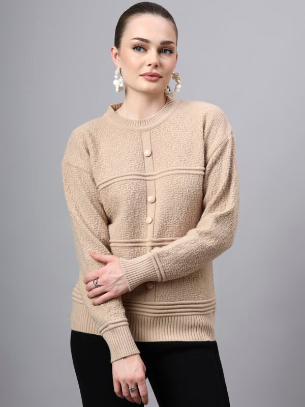 S31_BEIGE_01_4 Round Neck Self Design Design With Premium Acrylic Wool Women Knitted Top & Sweater