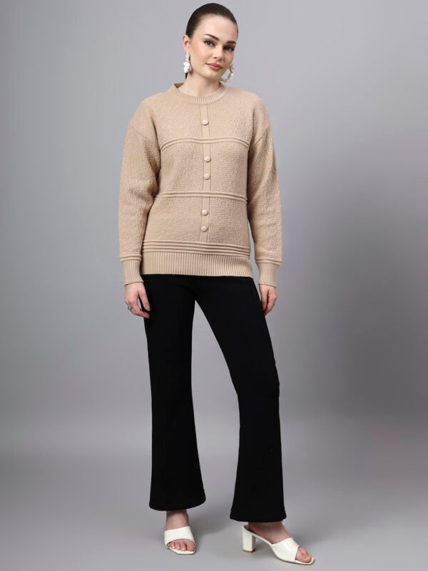 S31_BEIGE_01_6 Round Neck Self Design Design With Premium Acrylic Wool Women Knitted Top & Sweater