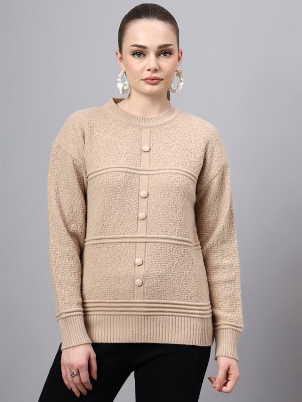 S31_BEIGE_01_7 Round Neck Self Design Design With Premium Acrylic Wool Women Knitted Top & Sweater