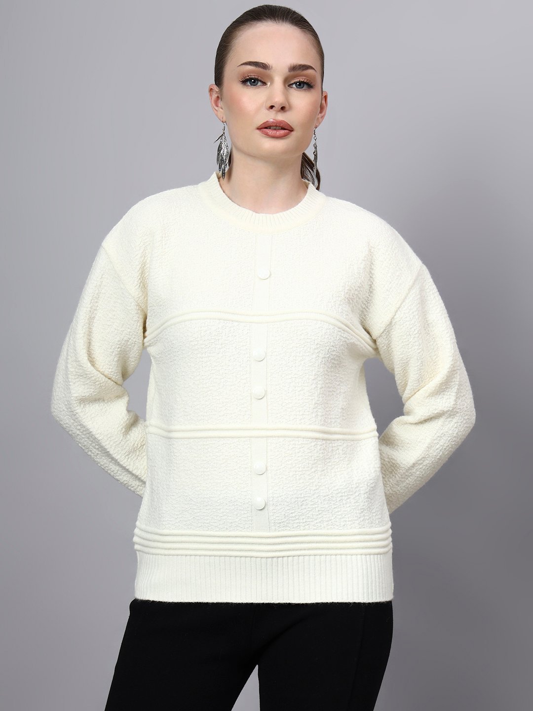 Round Neck Self Design Design With Premium Acrylic Wool Women Knitted Top & Sweater