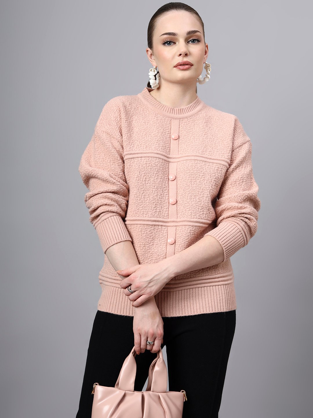 Round Neck Self Design Design With Premium Acrylic Wool Women Knitted Top & Sweater