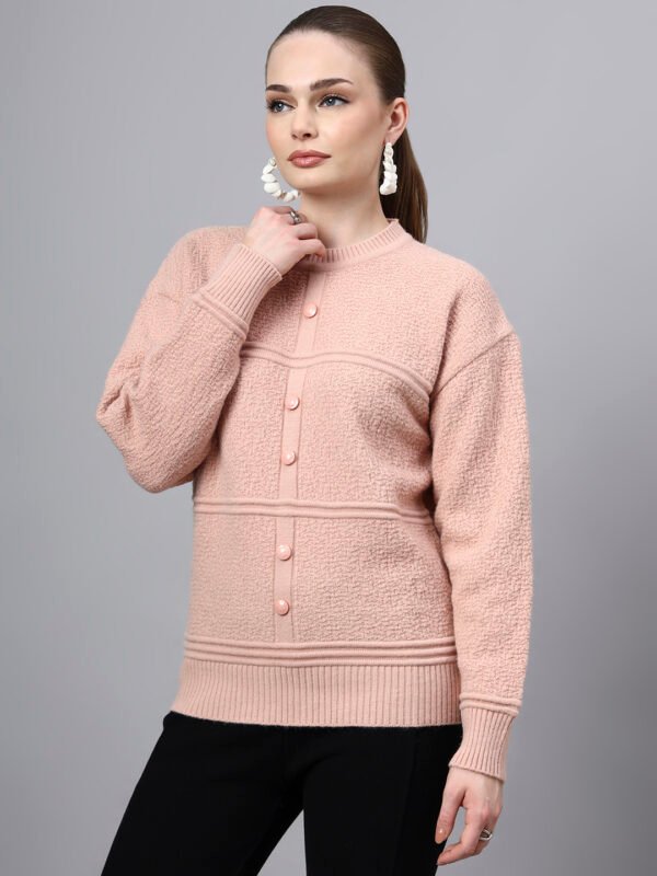 S31_PEACH_01_3 Round Neck Self Design Design With Premium Acrylic Wool Women Knitted Top & Sweater