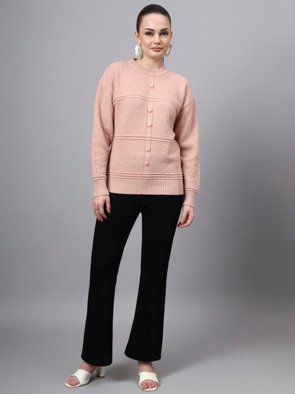 S31_PEACH_01_6 Round Neck Self Design Design With Premium Acrylic Wool Women Knitted Top & Sweater