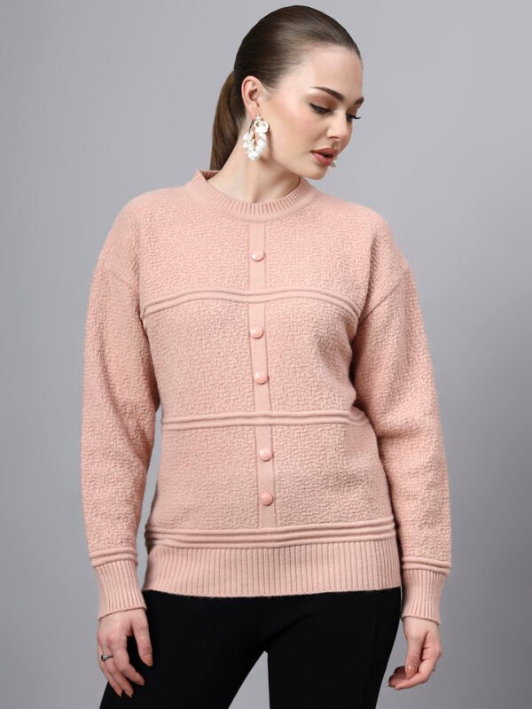 S31_PEACH_01_7 Round Neck Self Design Design With Premium Acrylic Wool Women Knitted Top & Sweater
