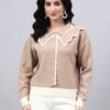 Spread Collar Self Design With Premium Acrylic Wool Women Knitted Top & Sweater