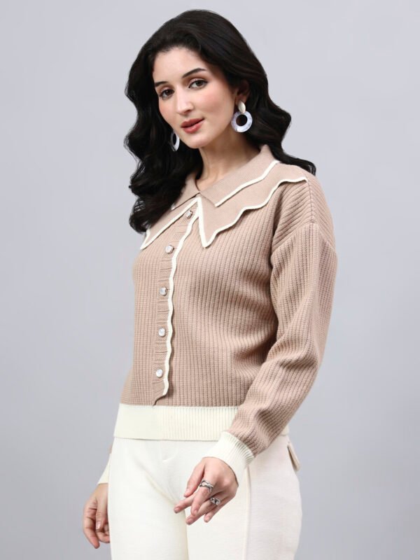 Spread Collar Self Design With Premium Acrylic Wool Women Knitted Top & Sweater