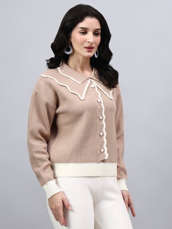 Spread Collar Self Design With Premium Acrylic Wool Women Knitted Top & Sweater