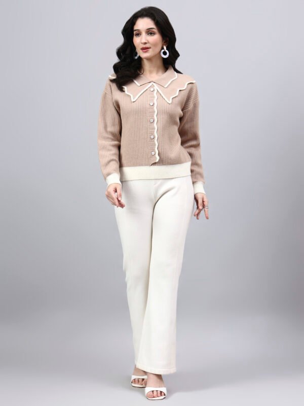 Spread Collar Self Design With Premium Acrylic Wool Women Knitted Top & Sweater