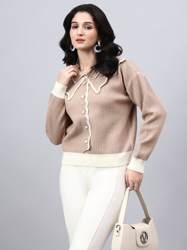 Spread Collar Self Design With Premium Acrylic Wool Women Knitted Top & Sweater