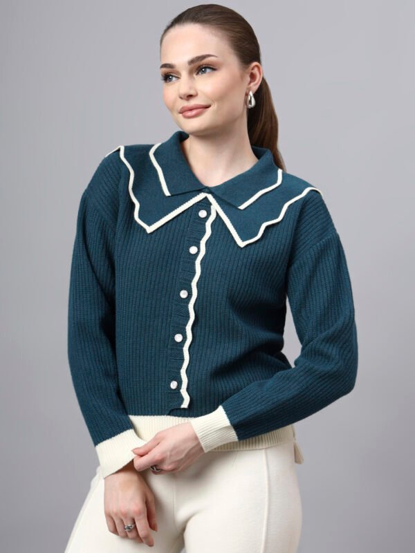 Spread Collar Self Design With Premium Acrylic Wool Women Knitted Top & Sweater