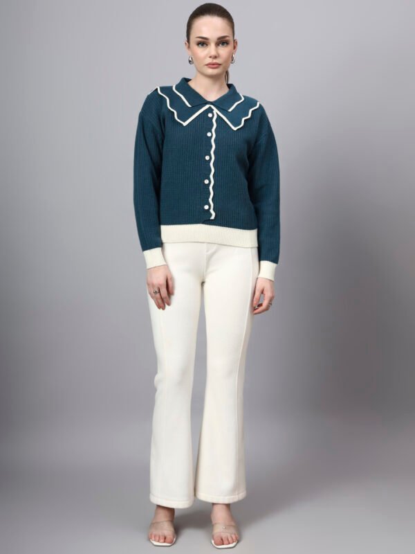 Spread Collar Self Design With Premium Acrylic Wool Women Knitted Top & Sweater