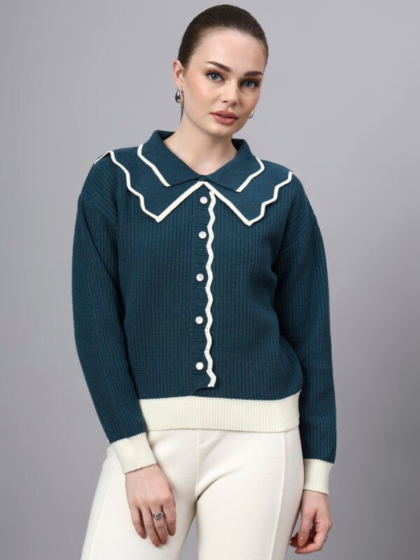 Spread Collar Self Design With Premium Acrylic Wool Women Knitted Top & Sweater