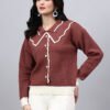 Spread Collar Self Design With Premium Acrylic Wool Women Knitted Top & Sweater