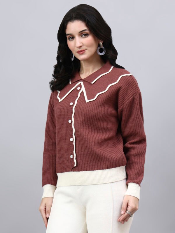 Spread Collar Self Design With Premium Acrylic Wool Women Knitted Top & Sweater