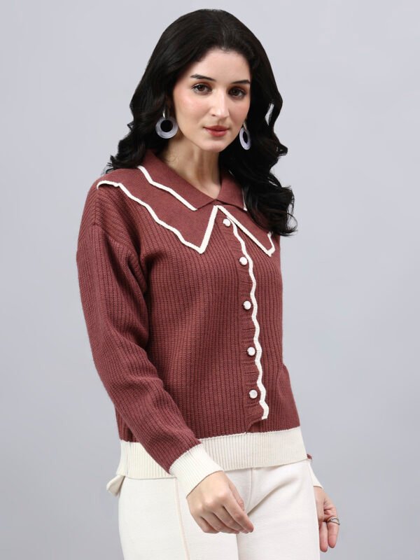 Spread Collar Self Design With Premium Acrylic Wool Women Knitted Top & Sweater