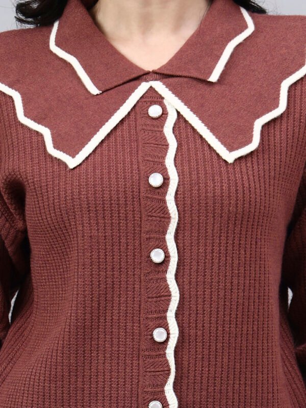 Spread Collar Self Design With Premium Acrylic Wool Women Knitted Top & Sweater