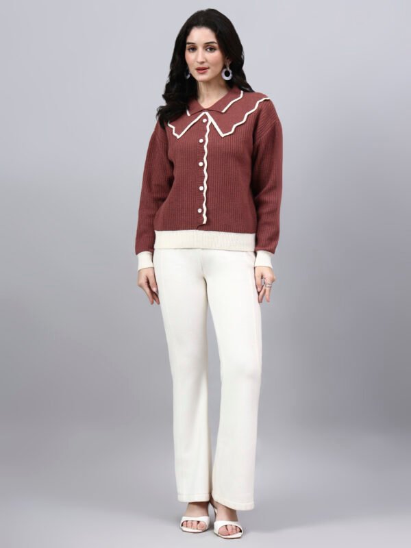Spread Collar Self Design With Premium Acrylic Wool Women Knitted Top & Sweater