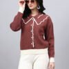 Spread Collar Self Design With Premium Acrylic Wool Women Knitted Top & Sweater