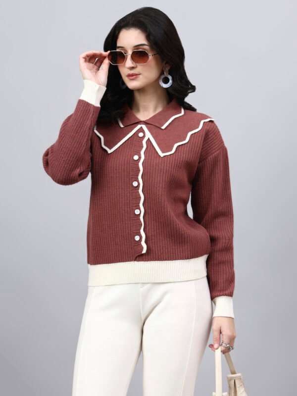 Spread Collar Self Design With Premium Acrylic Wool Women Knitted Top & Sweater