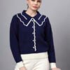 S32_ROYALBLUE_01_1 Spread Collar Self Design With Premium Acrylic Wool Women Knitted Top & Sweater