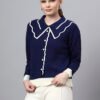 S32_ROYALBLUE_01_3 Spread Collar Self Design With Premium Acrylic Wool Women Knitted Top & Sweater