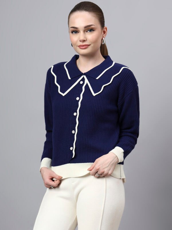 S32_ROYALBLUE_01_3 Spread Collar Self Design With Premium Acrylic Wool Women Knitted Top & Sweater