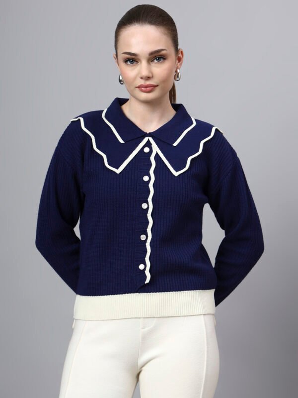 S32_ROYALBLUE_01_7 Spread Collar Self Design With Premium Acrylic Wool Women Knitted Top & Sweater