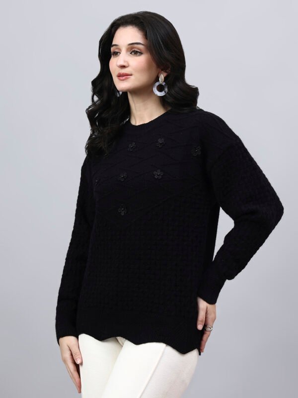 S33_BLACK_01_3 Round Neck Geomatric With Patch Work Design With Premium Acrylic Wool Women Knitted Top & Sweater