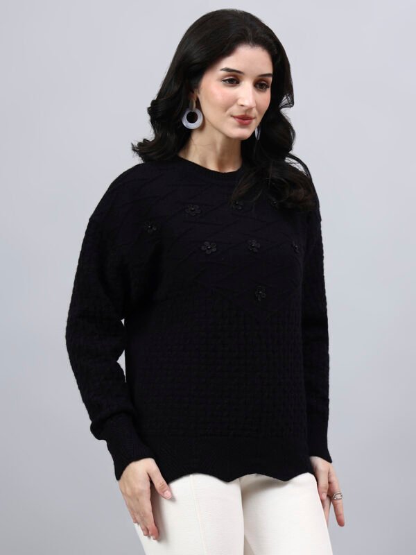 S33_BLACK_01_4 Round Neck Geomatric With Patch Work Design With Premium Acrylic Wool Women Knitted Top & Sweater
